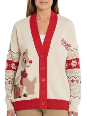 NWT RUDOLPH THE RED NOSE REINDEER Cream & Red Long Sleeve Cardigan Size Medium